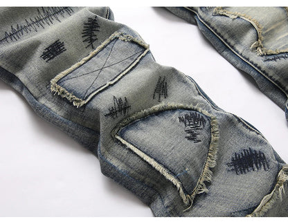 Men's Boot Cut Jeans Streetwear Patches Released Hem Pants Vintage Blue Embroidery Patchwork Flared Trousers