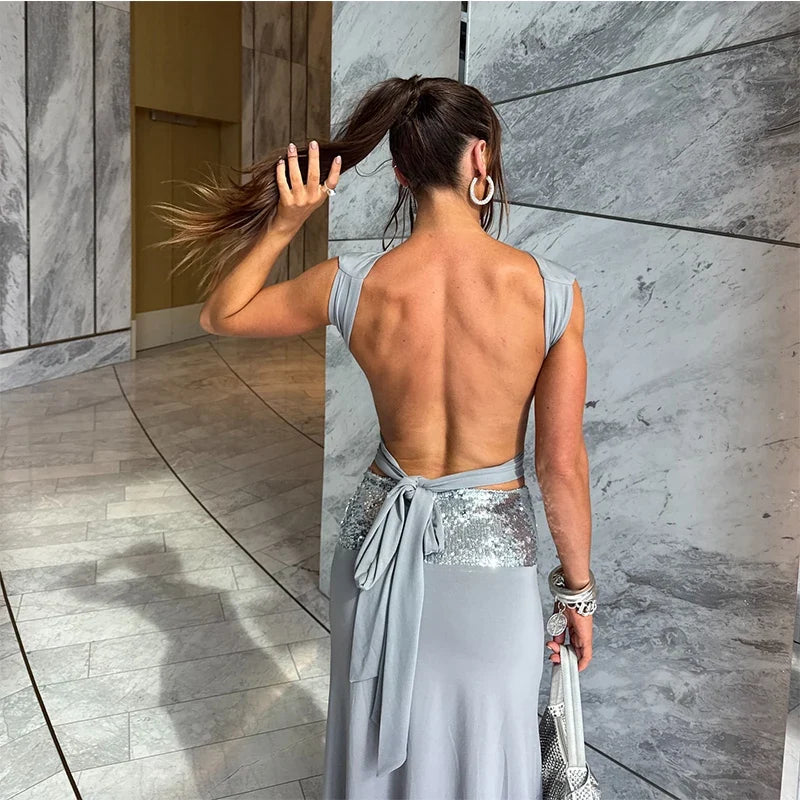Elegant Sleeveless Draped Crop Tops Sparkly Sequin Floor Length Maxi Skirt Set 2026 NEW Spring Summer Evening Gowns Party Dress
