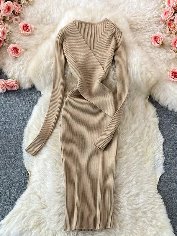 Autumn Winter 2025 Women Dress Elegant Cross V-neck Slim Waist Knitted Bodycon Dress Korean Office Lady Vestidos
