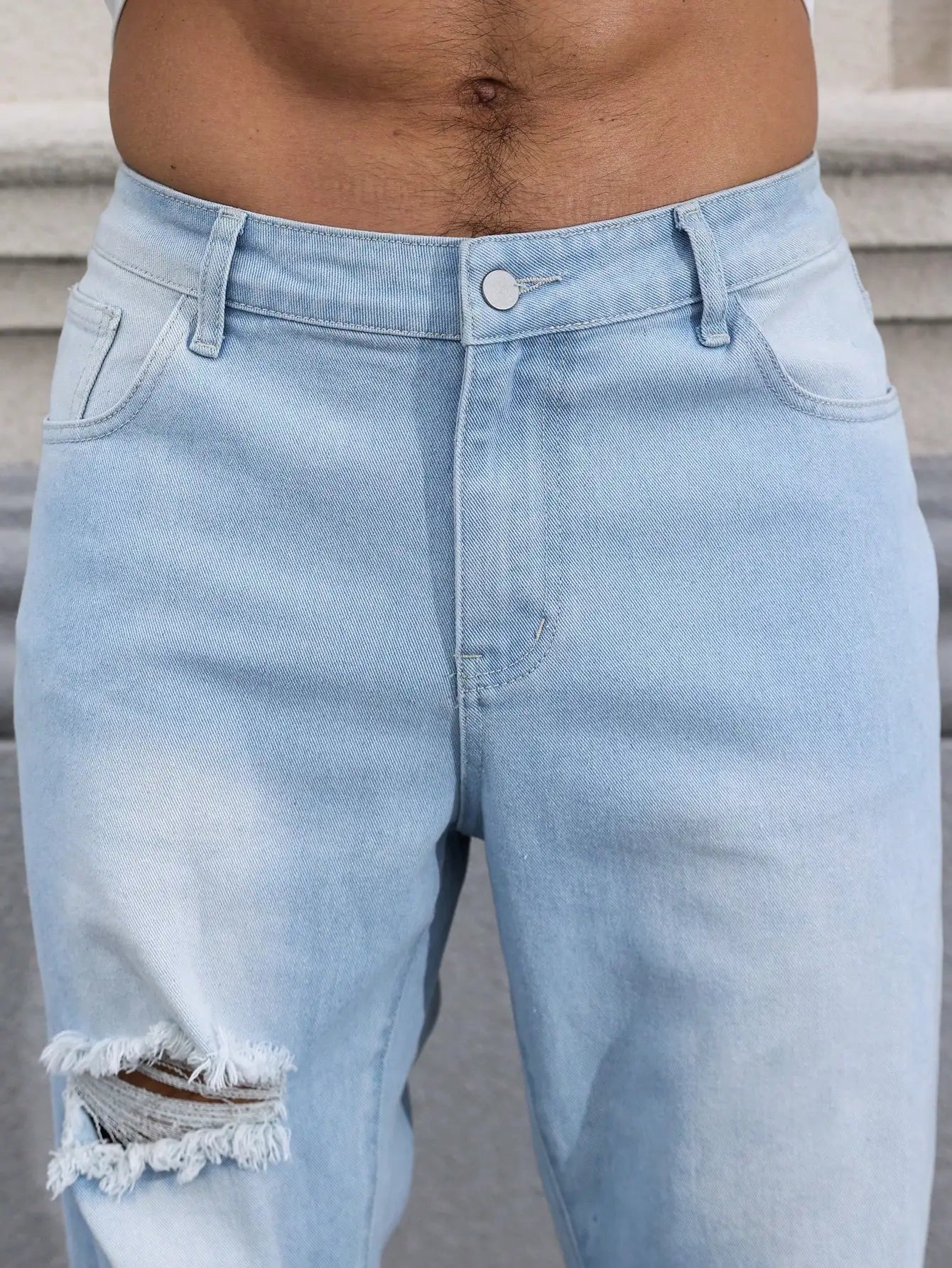 Men's Light Blue Ripped Jeans for Spring and Autumn. Casual Denim Trousers. Street Ripped Daily Casual