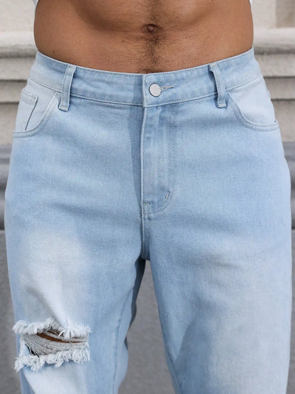 Men's Light Blue Ripped Jeans for Spring and Autumn. Casual Denim Trousers. Street Ripped Daily Casual