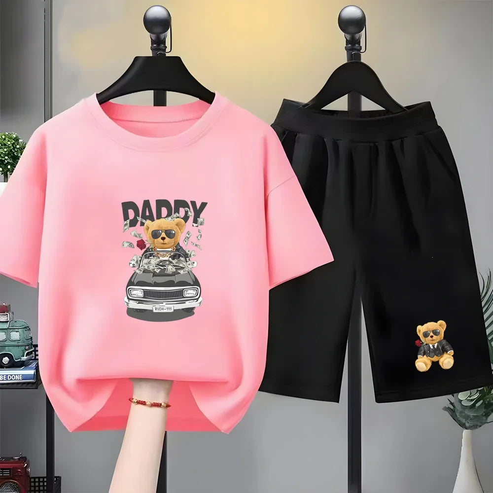 Children Short-sleeved T-shirt+Shorts black Boys Girls Toddler 3-12Yrs Sports Set Summe cool Tshirt Wealthy Bear Clothing