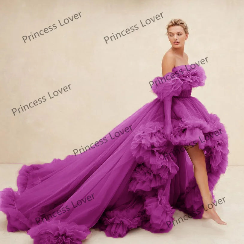 Women Prom Dresses Tulle High Low Vestido de Novia Robes Off the Shoulder Evening Dress Ruffled Fluffy Party Gowns Customized