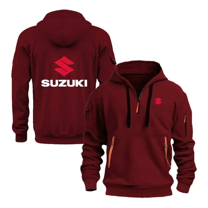 Suzuki brand men's street sports motorcycle hoodie with printed design autumn and winter semi-zipper multi-pocket sweatshirt