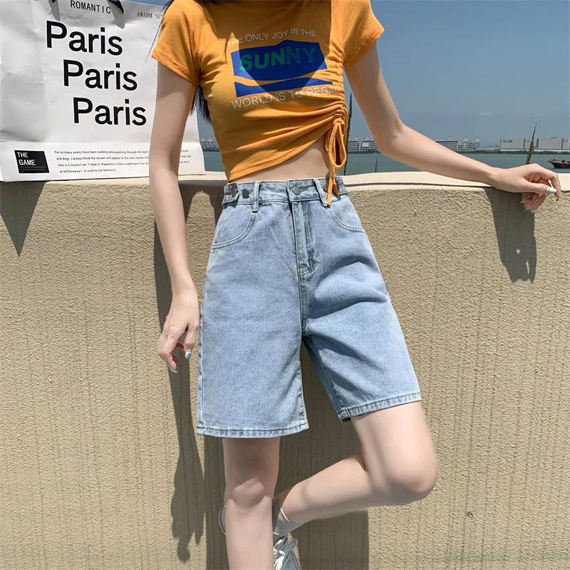Summer New Korea Fashion Loose Women Jeans Shorts Purple Pink High Waist Straight Pockets Female Wide Short Pants