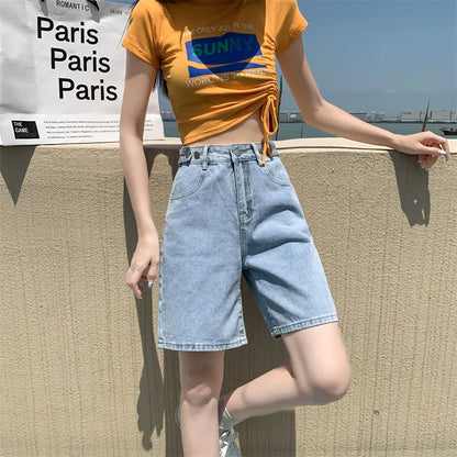 Summer New Korea Fashion Loose Women Jeans Shorts Purple Pink High Waist Straight Pockets Female Wide Short Pants