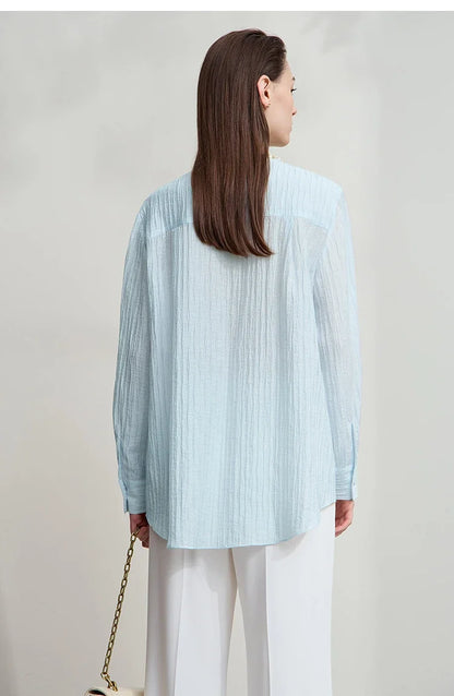 Women's Shirt 2025 Autumn New Elegant Versatile Women's Blouse Pockets O-Neck Loose Long Sleeves Casual Ladies Tops12543146