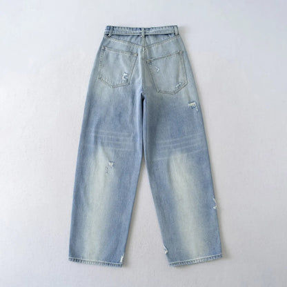 American Retro Cuffed High Waist Slimming Casual Denim Jeans Women's Autumn Versatile Loose Straight Leg Floor-Length Pants