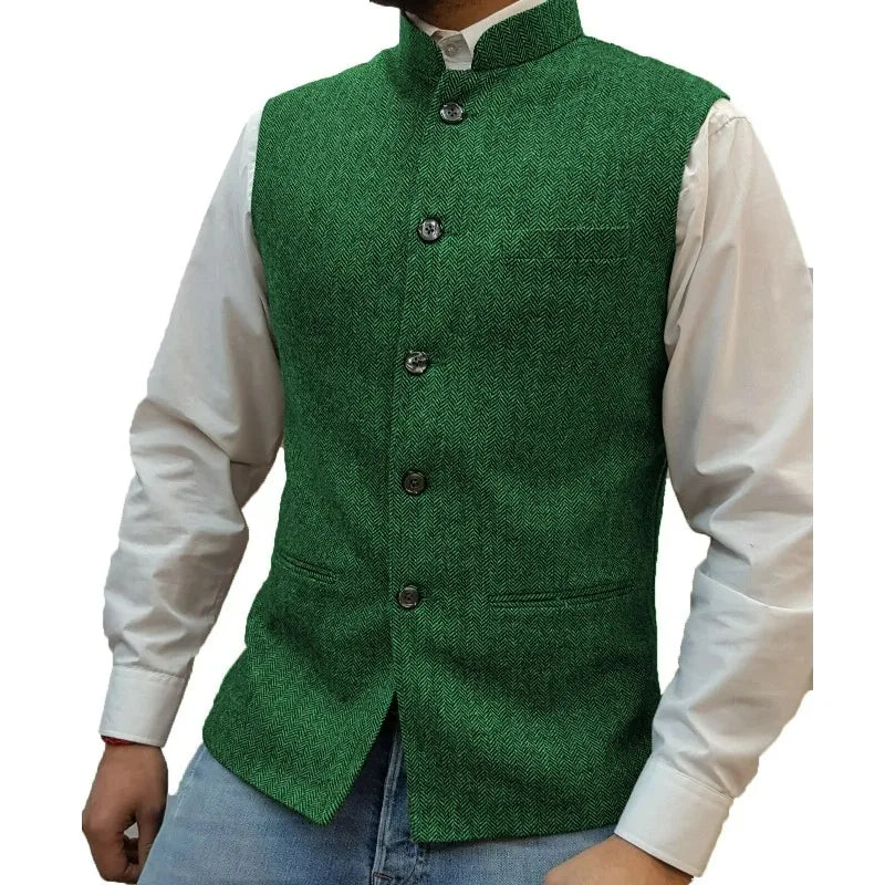 Suit Vest Men Vintage Slim Solid Stand Collar Vest Tops Male Business Casual Sleeveless Jackets Man Wedding Waistcoat