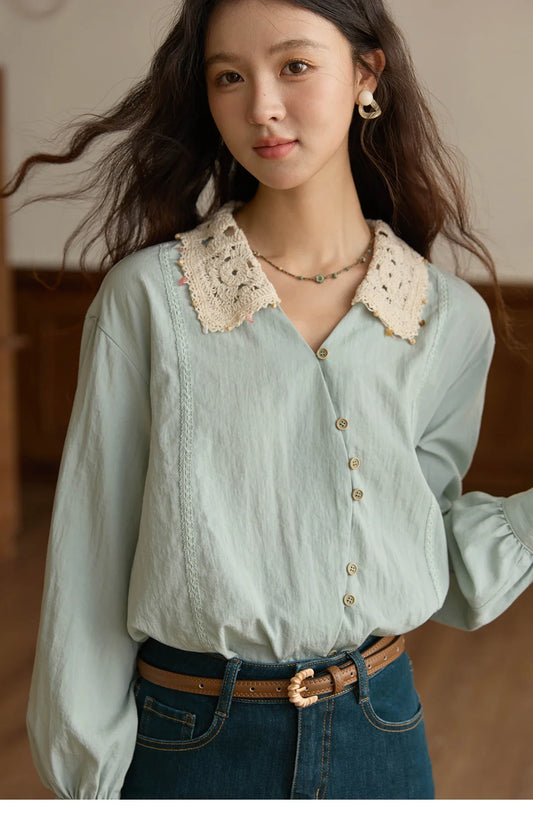 Women's Linen Shirt 2025 Autumn Contrast Apricot Lapel Shirts Long Sleeve Curved Placket Tops Office Lady MXE43C2387