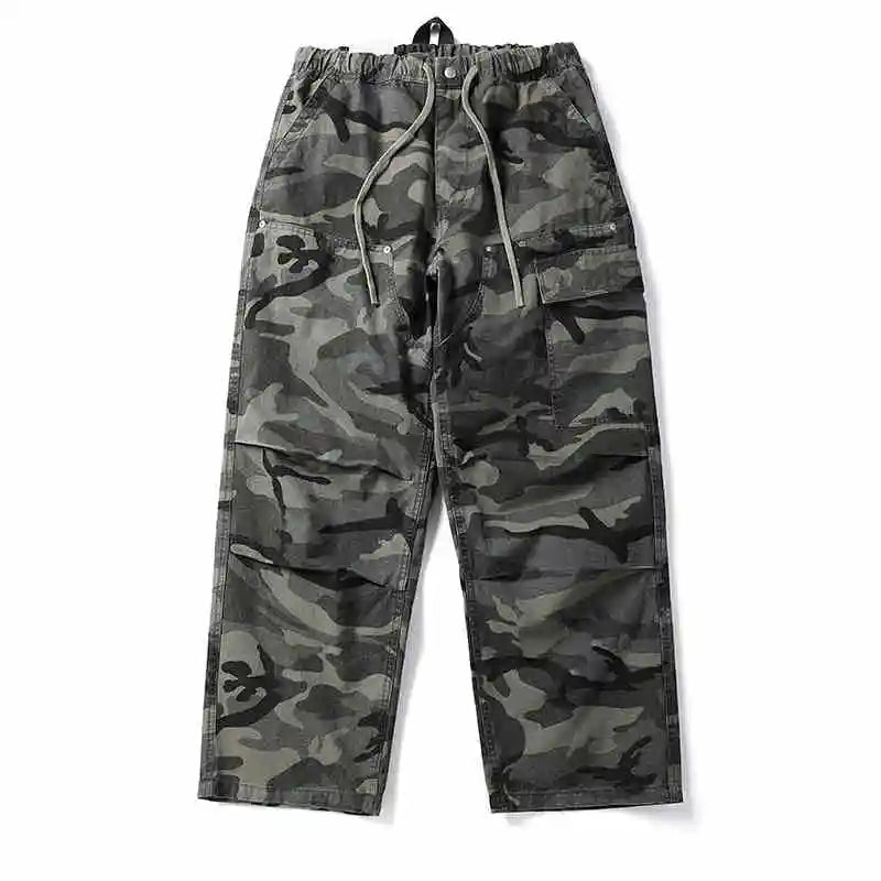 American Tactical Cargo Pants Men Heavyweight Cotton Loose Fit Straight Leg Camouflage Vintage Washed Outdoor Streetwear Premium