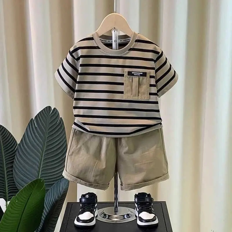 0-5 Years Old Boys' Summer Outfit Set Summer Short-Sleeved Shorts New Children's Striped Baby Two-Piece Set
