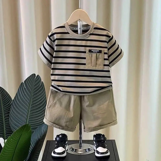 0-5 Years Old Boys' Summer Outfit Set Summer Short-Sleeved Shorts New Children's Striped Baby Two-Piece Set