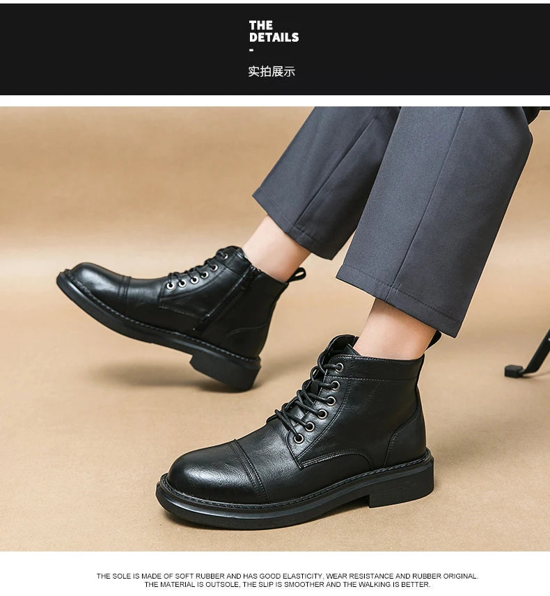 Men Black Leather Boots Casual Lace Up Leather Shoes Size 39-46