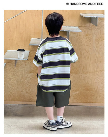 New Arrival Stylish Kids Summer Striped Suit for Teenage Boy Fashion Street Clothing Children Casual T-shirt Shorts 2PCS Set
