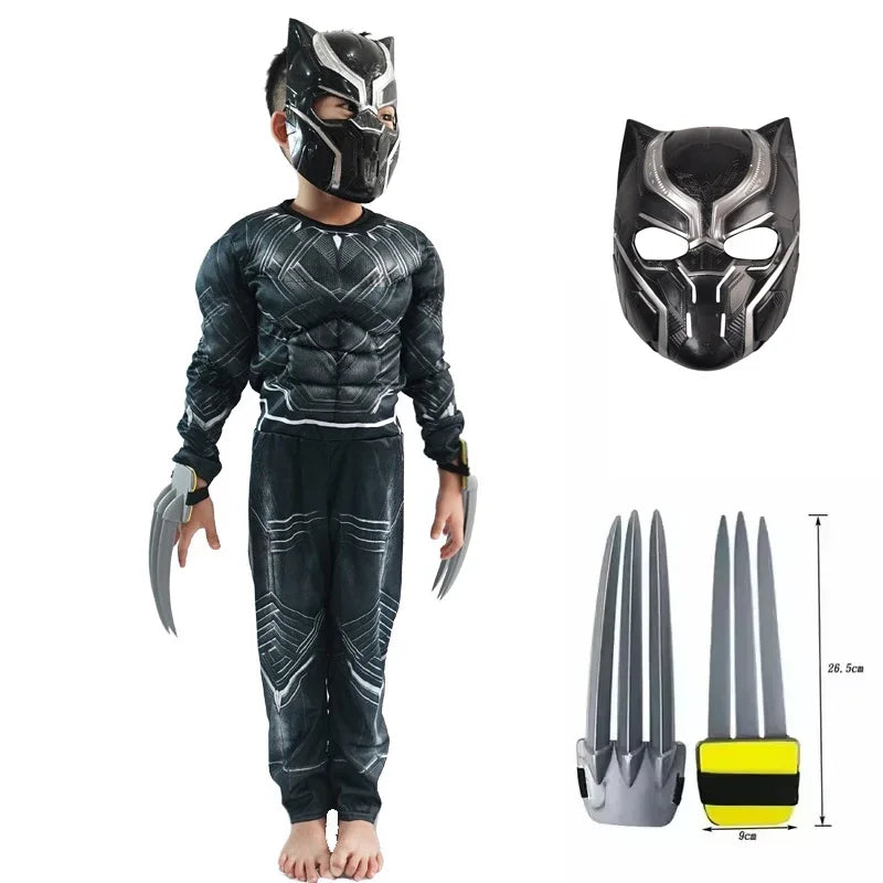 Anime Superhero Black Panther Cosplay Costume Black Panther Muscle Suit Jumpsuit Halloween Performance Costume Mask Paw Set