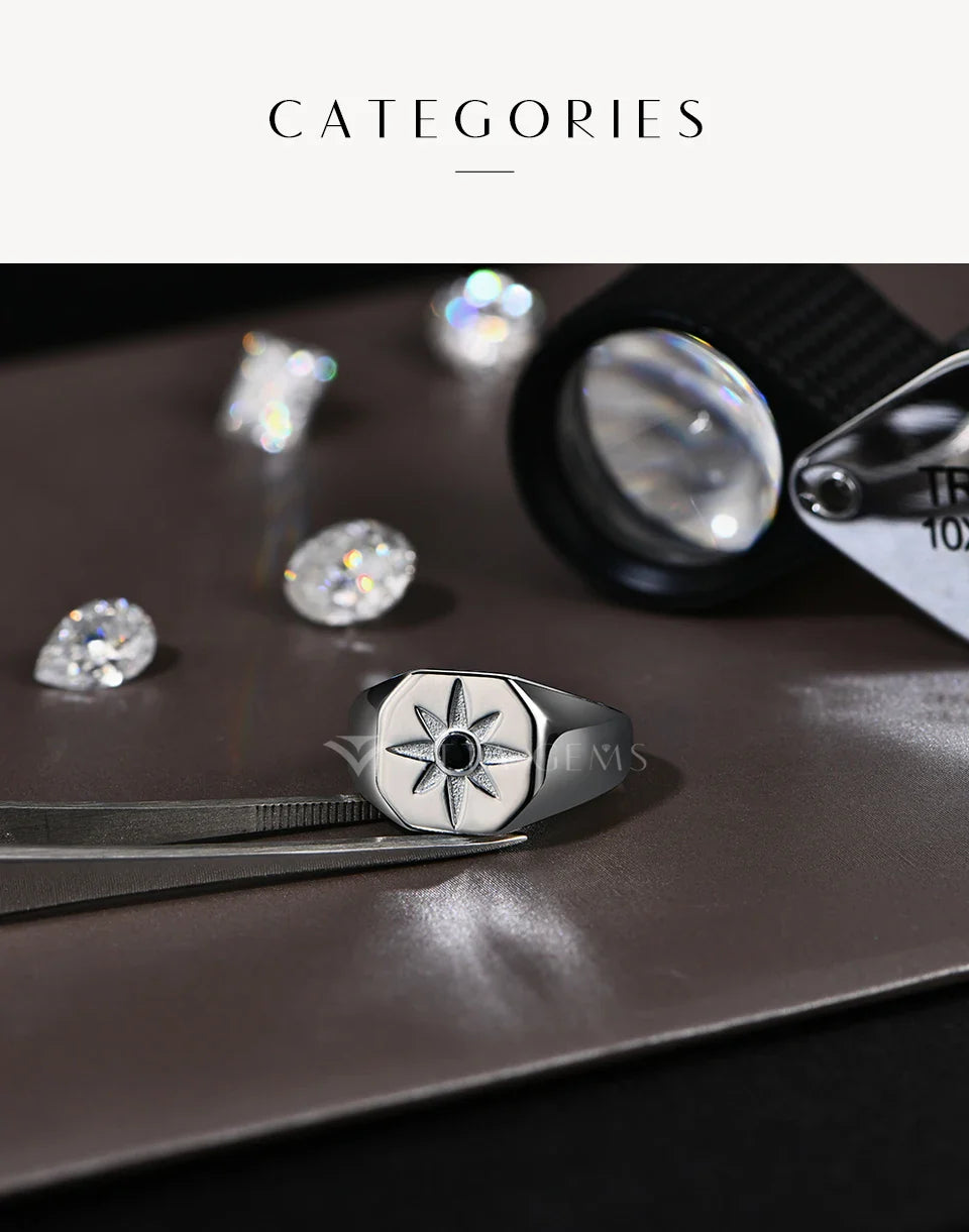 Vintage 8-Pointed Star Signet Ring for Men S925 Sterling Silver Black Spinel Women Rings Punk Jewelry Gifts for party