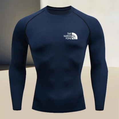 Men's fitness compression shirt with round neck, long sleeved muscle fit, suitable for bodybuilding and physical training