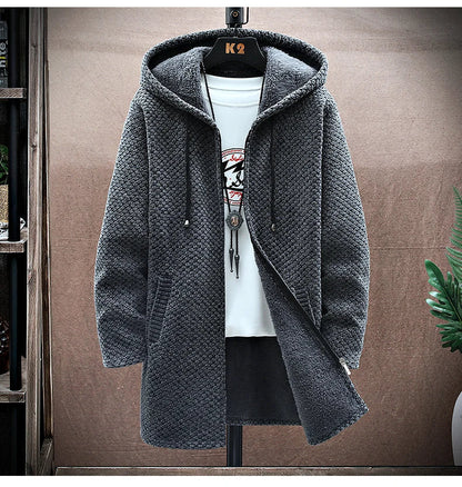 Men's Cardigan Cashmere Long Coat Sweaters with Hoods Autumn Winter New Fleece Warm Solid SweaterCoat Windbreaker Men Clothing