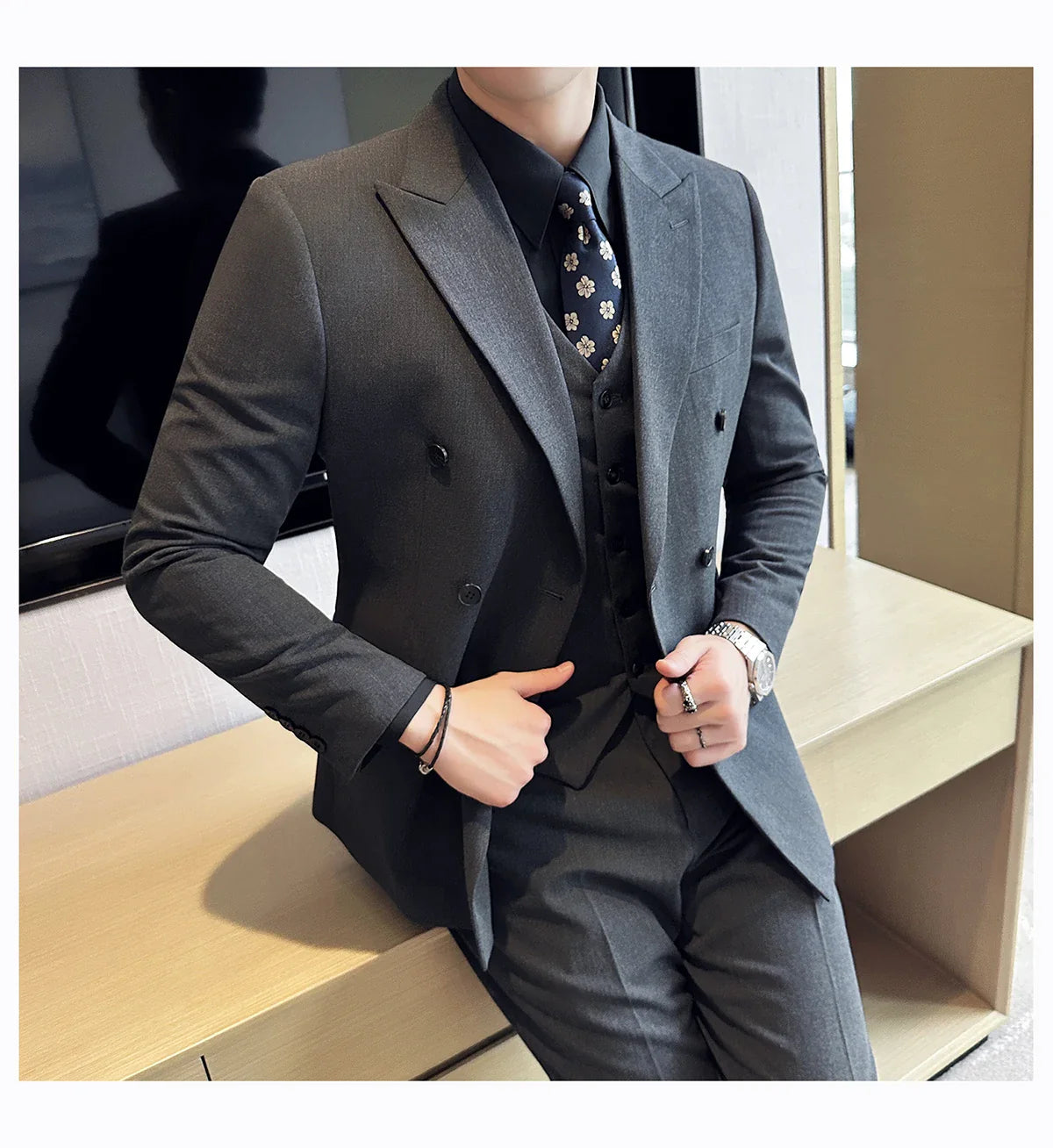 M-7XL Blazer Vest Pants High -end Brand Gray Black Men's Casual Business Double -breasted Suit Groom's Wedding Slim Men's Suit