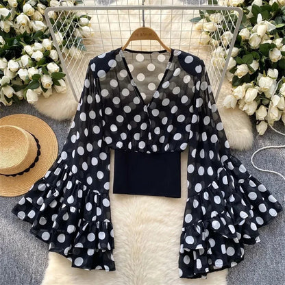 Summer Top Shirt for Women Design Sense Chiffon Polka Dot Sexy V-neck Lotus Leaf Long Sleeved Short Waist Slim Sunscreen Coat