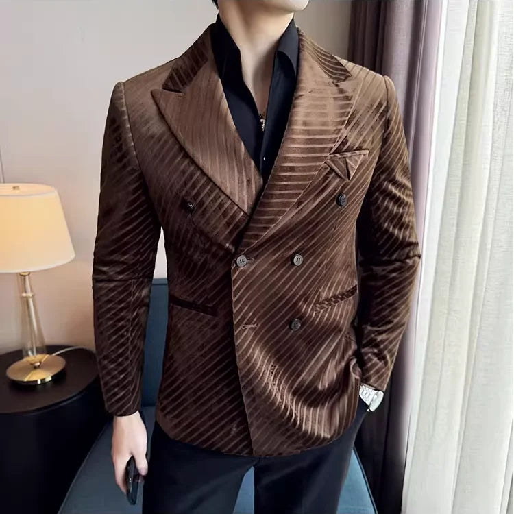 Autumn Winter New Velvet Suit Jacket Men Double-Breasted Striped Slim Fit Casual Coats High Quality Formal Business Tailcoat