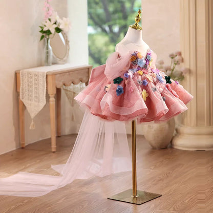 J565 Colorfu Pink Girl Dresses with Flowers Knee Length Off Shoulder Princess Wedding Birthday Party Pageant Ball Gown