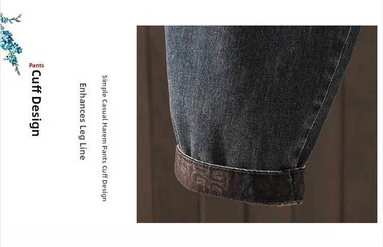 Retro Ethnic Print Patchwork Embroidered Denim Jeans Women Loose plus Size Embroidered Nine Points Harlan Pants Spring