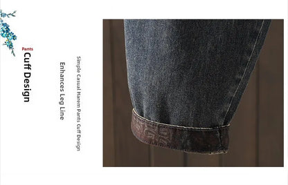 Retro Ethnic Print Patchwork Embroidered Denim Jeans Women Loose plus Size Embroidered Nine Points Harlan Pants Spring