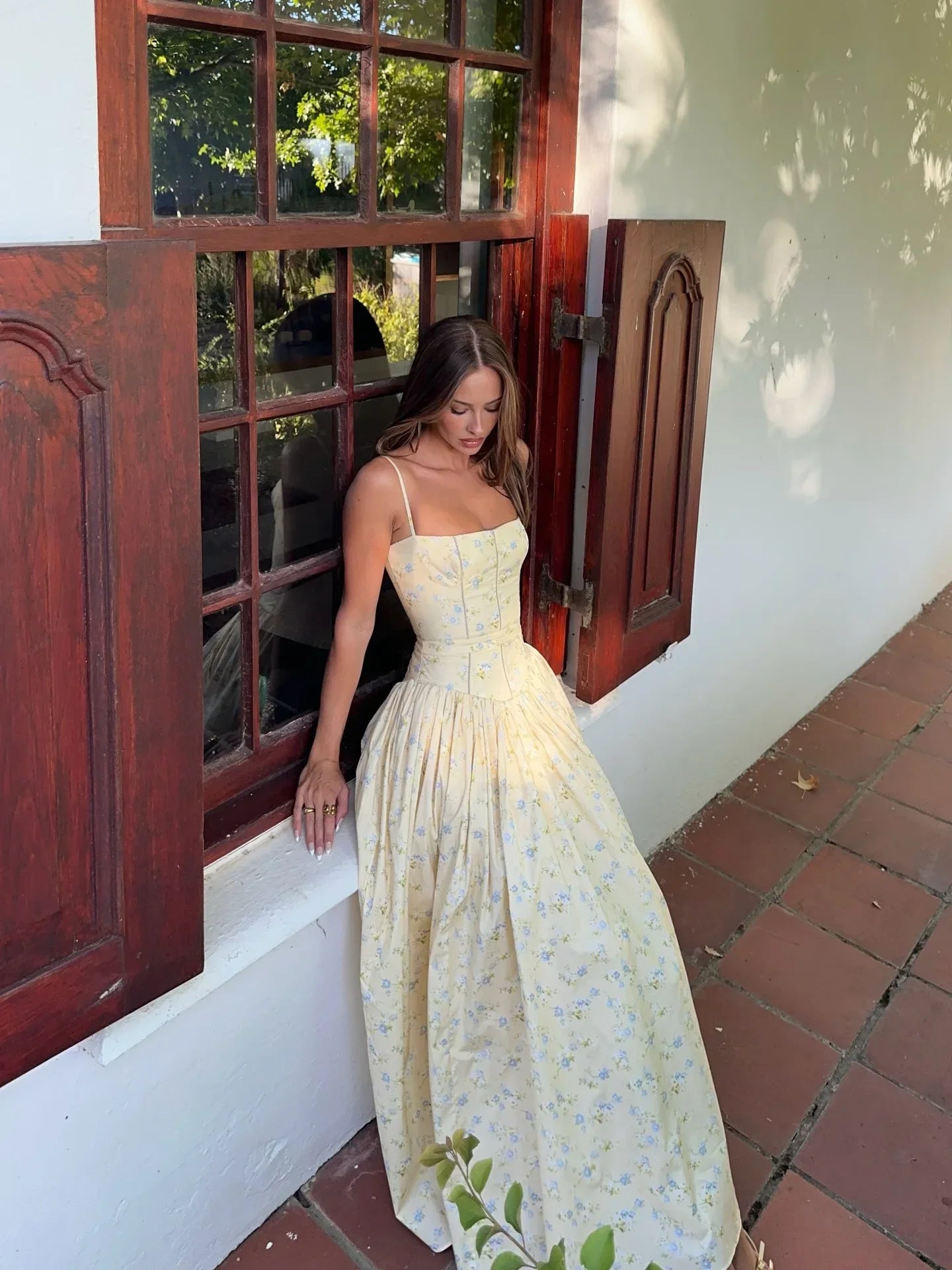 Women Long Floral Print Spaghetti Strap Maxi Dress Summer Elegant Lace Up Dress Flowy Holiday Party Beach Wear Dress