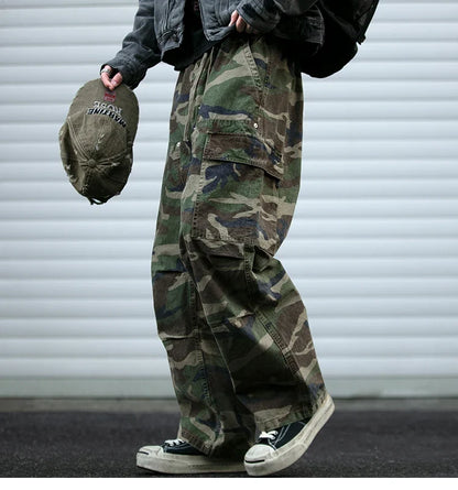 American Tactical Cargo Pants Men Heavyweight Cotton Loose Fit Straight Leg Camouflage Vintage Washed Outdoor Streetwear Premium