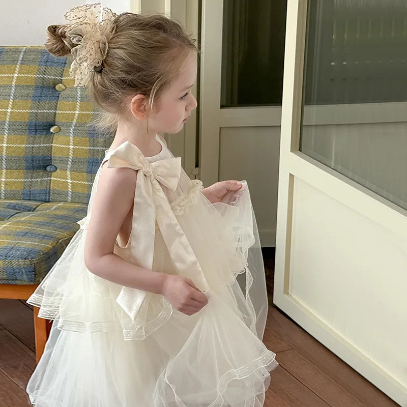 Girls Princess Dress Summer Kids French Sweet Sleeveless Bowknot Tulle Tutu Fluffy Birthday Party Pageant Dresses