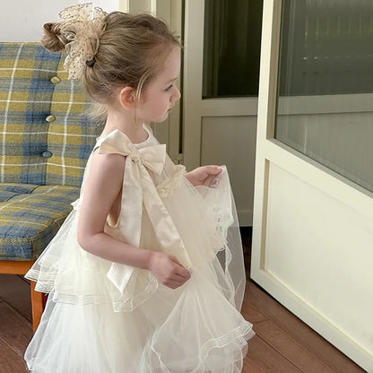 Girls Princess Dress Summer Kids French Sweet Sleeveless Bowknot Tulle Tutu Fluffy Birthday Party Pageant Dresses