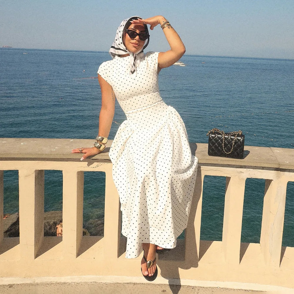 White Polka Dot Long Dress Summer Sexy High-Waisted Vintage Print Sleeveless Dress Casual Party Vacation New Women Dress