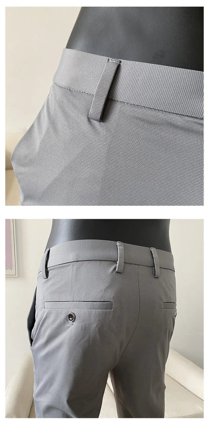 Summer New Light Thin Ice Silk Solid Color Casual Trousers High Quality Fashion Slim Fit Business Social Office Suit Pants