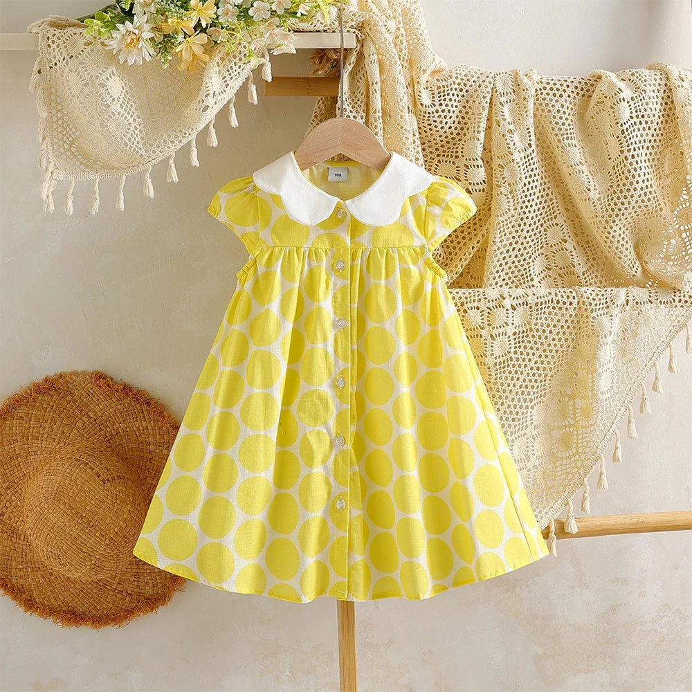 2-8Y Toddler Girls 100% Cotton Yellow Polka Dot Dress Peter Pan Collar Summer Casual Sundress