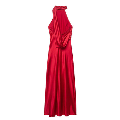 Women Halter Neck Sleeveless Backless Sexy Long Dress Summer Fashion Lace Splicing Decorative Hem Slit Solid Evening Dress