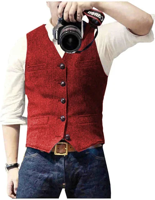 Mens Suit Vest Tweed Retro V Neck Wool Herringbone Waistcoat for Prom Single Breasted Males Dress Suit Vest Plus Size