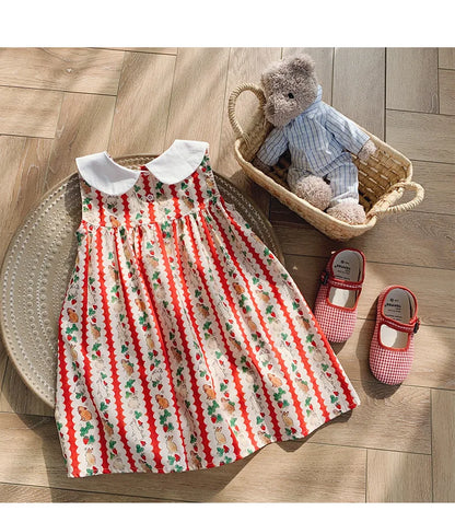 Flower Collar Rabbit Embroidered Girls' Dress 2025 Summer Style Cartoon Print Sweet and Cute Baby Sleeveless Dress