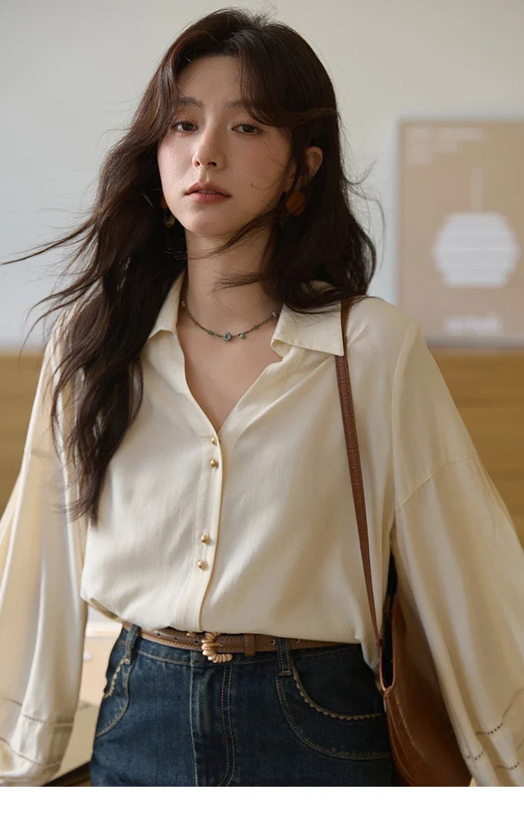 Women's Shirt Lantern Sleeve Hollow Out Tops 2025 Autumn Single Breasted Solid Shirts Lapel Shirt Office Lady MXE41C2359