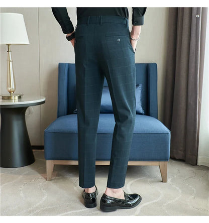 2026 Classic Men's Slim Fit Plaid Striped Casual Pants Fashion Business Slim Fit Suit Pants Formal Groom Wedding Dress Trousers