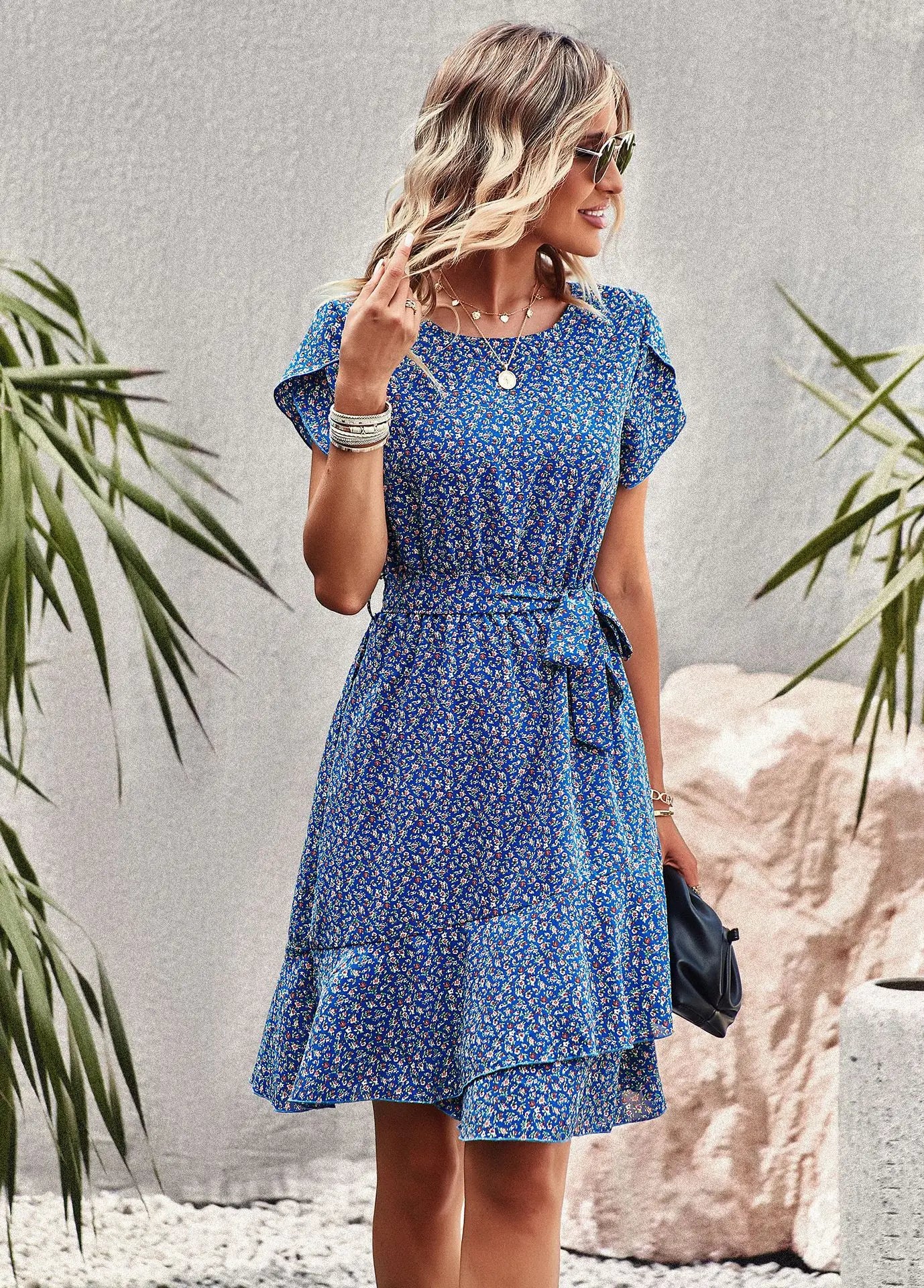 Summer O Neck Casual Printd Women Strap High Waist Pleated Floral Dress