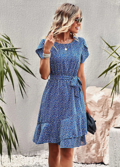 Summer O Neck Casual Printd Women Strap High Waist Pleated Floral Dress