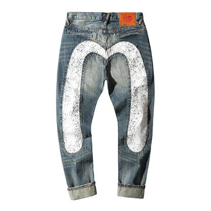 Men's Japanese Handmade Embroidered Jeans Pure Cotton Straight Tube Hip-Hop Popular Slim Red Ears Show Thin Trousers Blue MDevil
