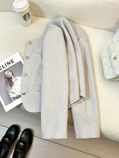 Elegant Office Lady Blazers Women Long Sleeve Button Spring Autumn Suit Coats Vintage Loose Casual Small Fragrance Crop Jacket
