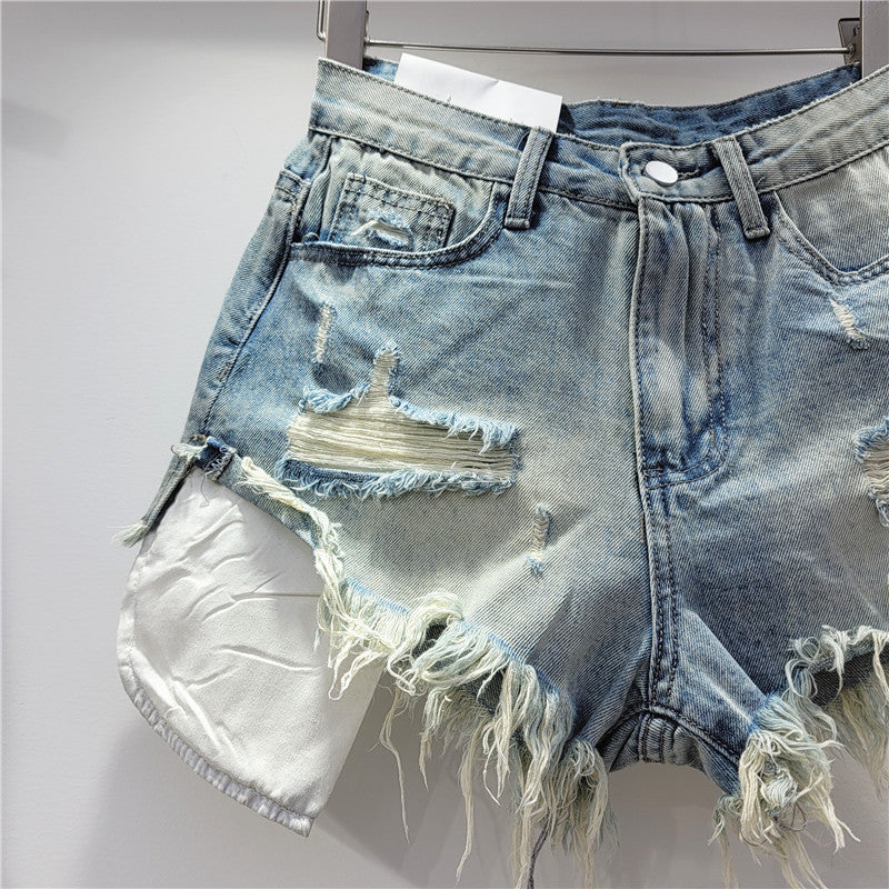 2026 Summer New Women's Pink Hole Denim Shorts High Waist Slimming Spicy Girl A-line Ragged Edge Shorts