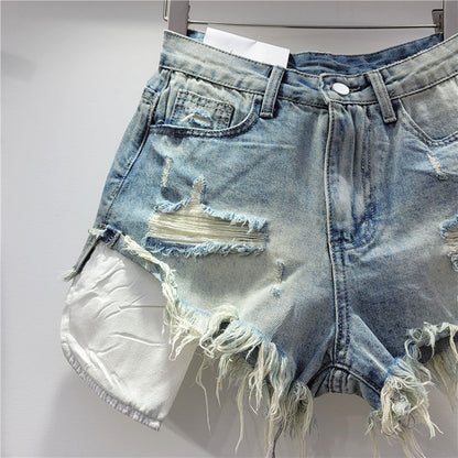 2026 Summer New Women's Pink Hole Denim Shorts High Waist Slimming Spicy Girl A-line Ragged Edge Shorts
