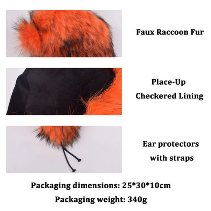 Plush Raccoon Fur Hat Women Thicken Faux Fur Earflap Hat Winter Warm Russian Ushanka Hats Windproof Furry Bomber Cap