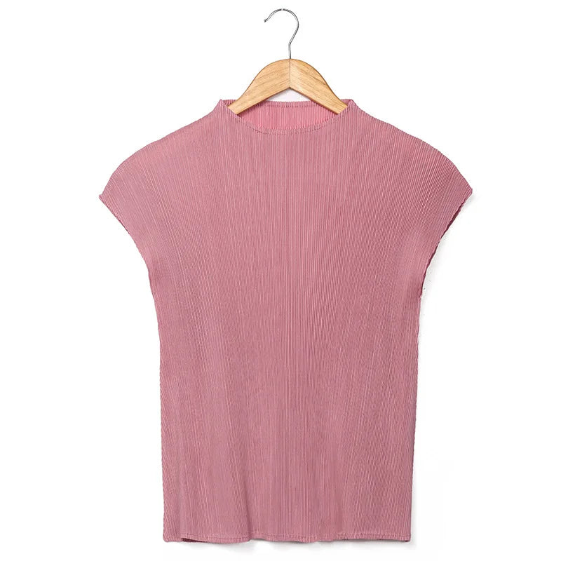 Miyake Versatile Classic Simple Solid Color Stand Up Collar Pleated Top Women Slim Slim Short Sleeve Miyake T-shirt Summer 2025