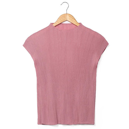 Miyake Versatile Classic Simple Solid Color Stand Up Collar Pleated Top Women Slim Slim Short Sleeve Miyake T-shirt Summer 2025